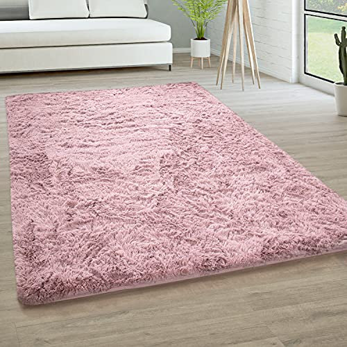 Paco Home Hochflor Teppich Wohnzimmer rutschfest Fellteppich Shaggy Flauschig Weich Modern Kunstfell Fell Imitat Einfarbig, Grösse:120x170 cm, Farbe:Alt-Rosa