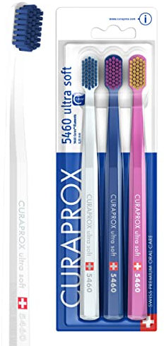 Curaprox CS 5460 - Spazzolino da denti ultra morbido, per la cura dei denti e delle gengive, per adulti, setole ultra morbide Curen per una pulizia delicata, bianco, blu scuro, rosa, confezione