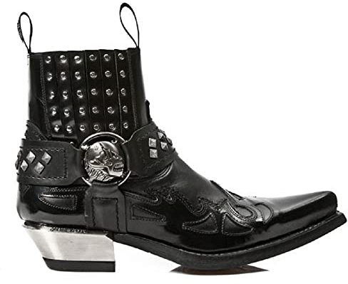 Botas New Rock 7950-S9 Botines Vaqueros Góticos Negros con Correa Metálica, Tachuelas y Calavera 46