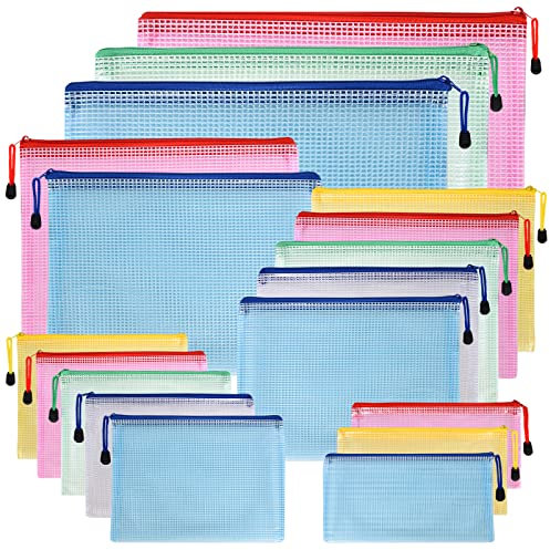 FORMIZON 18 Stück Dokumententasche, A3 A4 A5 A6 B4 Datei Taschen mit Reißverschluss, 5 Farben Wasserdicht Mesh Kunststoff Dokumentenmappe für Büros Schulreise Hausaufgaben Zubehör