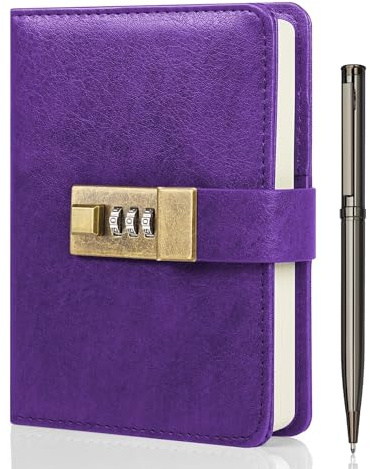 WEMATE Journal with Lock, A6 PU Leather Diary with Lock 192 Pages, Locks Journal Password Notebook with Pen, Locking Diary for Men and Women 4.3X 6.18in Purple