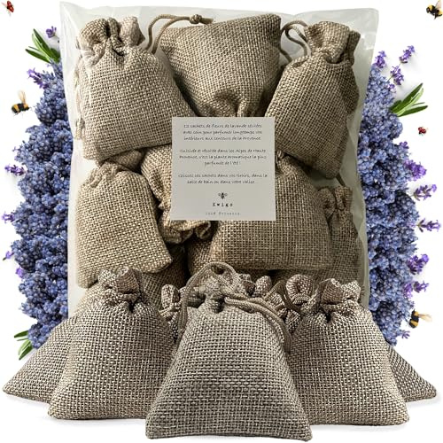 Sachet de Lavande Séchée Provence - 12 Sachets de Lavande sans OGM en Jute Doublée Remplis à la Main - Petit Sac de Lavandin pour Placards, Linge, Armoire - Fleurs de Haute Provence - Nouvelle Récolte