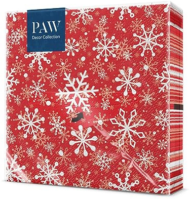 PAW - Serviette Papier - 3 Plis (33 x 33 cm) I Lot de 20 I Serviette de Table Papier - Noël, Hiver, Vacances, Neige, Boules de Neige I Idéale pour Noël (Christmas Snowflakes light red)
