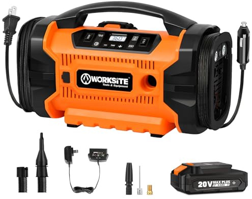 WORKSITE Tire Inflator Air compressor Portable, 160 PSI Car Tire Pump with 3 Power Supply (110V AC, 12V DC & 20V Battery) for cars, bikes, balls,Orange