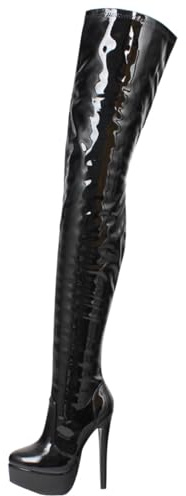 RJXGECUF Högklackade 16 cm stövlar knästövlar elastiskt patentläder, svart-45