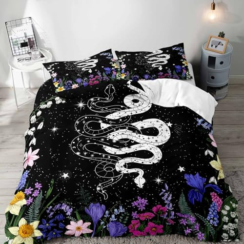 LUVIVIHOME 3PCS Snake Celestial Duvet Cover King Bedding Set, Boho Aesthetic Witchy Mystical Gothic Sun Moon Star Galaxy Purple Wildflower Floral Botanical Black Comforter Quilt Cover, 2 Pillow Cases