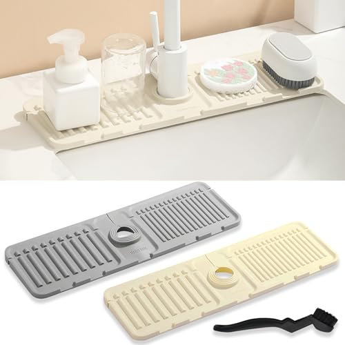 PXBSNB 2 PCS Faucet Sink Splash Guard, Silicone Faucet Mat for Sink, 2 in 1 Sink Drainer Mat, Faucet Handle Drip Catcher Tray for Kitchen Bathroom Worktop Protect(Grey,Beige)
