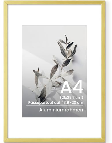 Feihorrm Cornici A4 in alluminio, cornici portafoto in metallo dorato A4 per foto da 21 x 29,7 cm o 13,9 x 20 cm con passepartout per certificati con vetro temperato, montaggio a parete o espositore