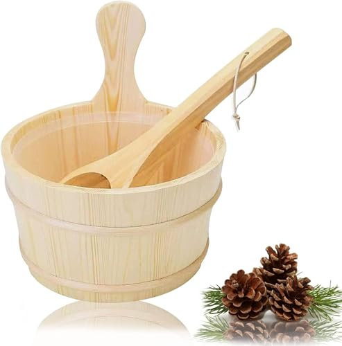 YISNDYA Sauna Bucket and Ladle Set, 3pcs 4L Sauna Bucket Wooden Bucket Barrel Sauna Accessories Wood Bucket Sauna Kit Pinewood Cedar Sauna for Home(Sauna Bucket+Sauna Ladle+Plastic Attachment)