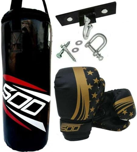Kids Punching Bag Set, Unfilled Junior Kick Boxing Bag Kit with Gloves Pads & Hanging Ceiling Hook,Heavy Duty Punch Bag for Youth MMA, Martial Art Thai Training (Black)