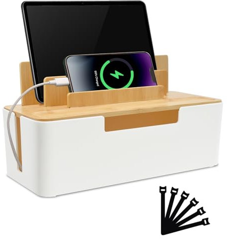 YTACREA Kabelbox Bambus, Kabel Organizer zum Verstecken von Kabeln, Kabelmanagement Box Speichert Mobiltelefone Tablets, Cable Management Box, Steckdosenbox, Schutz der Kabelsicherheit, Weiß