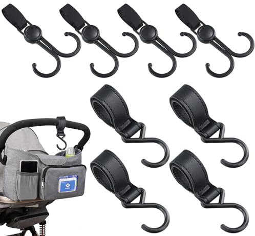 8 Stück Lederoptik Kinderwagen Haken Taschenhaken, Klettverschluss Kinderwagenhaken für Wickeltaschen, Karabiner Clip Anhänger Taschenhalter Buggy-Clips Universale Passform