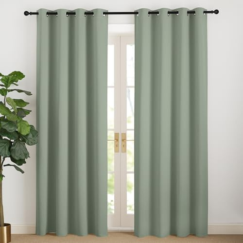 NICETOWN Mörkläggningsgardiner och draperier med öljetter fönsterdekoration värmeisolering för hem sovrum vardagsrum, B 140 x H 220 cm, grön salvia, 2 st