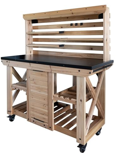 Backyard Discovery 48 Cedar Wood Buffet Hutch Serving Station with Galvanized Steel Countertop, Wine Rack, Wine Glass Rack, Trash Bin, Modular Shelves, Towel Bar, Drink and Food Prep, Indoor/Outdoor