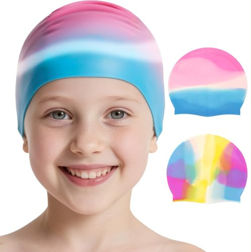 Guoxintech Waterproof Kids Swimming Cap - 100% Silicone Durabl 2 PACK Elastic Silicone Swimming Hat Waterproof Swim Cap for Long Short Hair Girls Boys Kids Teens Children
