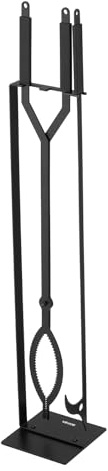 VEVOR Ensemble d'outils de cheminée, 3 pièces, ensemble serviteur de cheminée avec support, pince, tisonnier, en fer forgé, pour feu de camp, feu de joie dans le jardin, intérieur/extérieur, noir