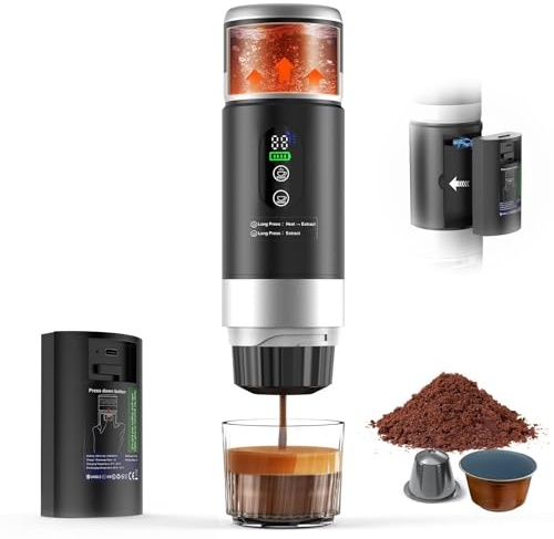 Cafetera Espresso Eléctrica Portátil 3 en 1, viene con una batería extraíble, Cafetera de Viaje para Camping, Cafetera de Coche Autocalentable con USB-C, para Café Molido y Cápsulas Pequeña/Grande