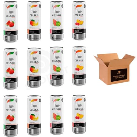 Celsius Sparkling Energy Drink – Zero Sugar | Natural Caffeine & Essential Vitamins | No Artificial Colours | Raspberry Peach, Mango Lemonade, Kiwi Guava & Strawberry (Mix Assorted - 355ml x 12Pack)