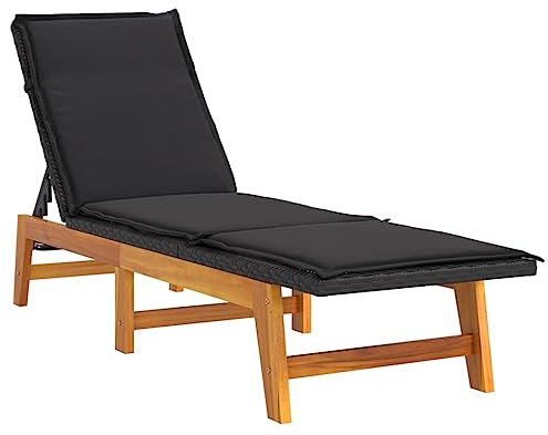 Tmriohed Lettino da giardino in legno di acacia e polyrattan, sedia a sdraio regolabile con cuscino imbottito, mobili da giardino per terrazza e piscina, 200 x 54 x 87 cm, nero marrone