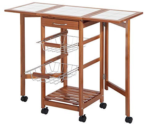 HOMCOM Mesa Auxiliar Cocina 91x37x75 cm Plegable 6 Ruedas 1 Cajón 2 Cestas Carrito Servicio Pino Metal Cromado