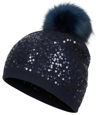 styleBREAKER Gorro con pompón de Punto Fino con Lentejuelas y pompón Amovible de Piel Artificial, Gorro con pompón de Piel, señora 04024134, Color:Azul Oscuro