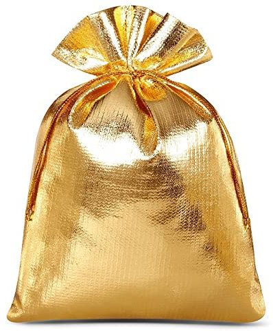 SAKETOS Metallic Geschenkbeutel 10 Stück Kleine Säckchen Stoffbeutel Glänzend Metallisch Stoffsäckchen mit Zugband Säckchen zum Befüllen I Gold I 13 x 18 cm