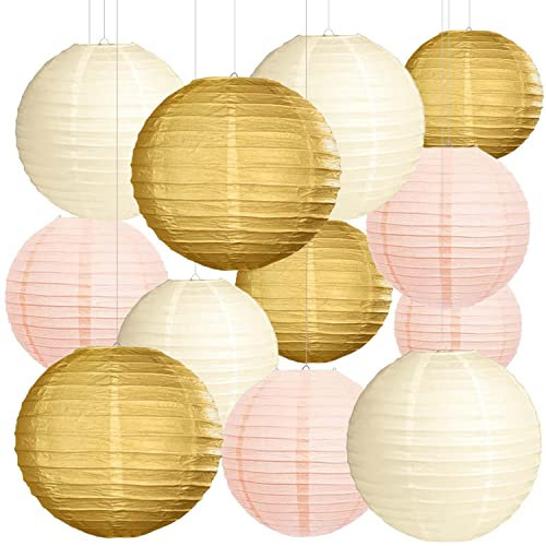 YBwanli12Pezzi lanterne di carta,lanterne cinesi,mongolfiera da appendere,applica aDecorazioni da Appendere perGiardinoFestadi CompleannoFamigliaRiunioni PatioDecorazionecolor oro/Bianco avorio/rosa