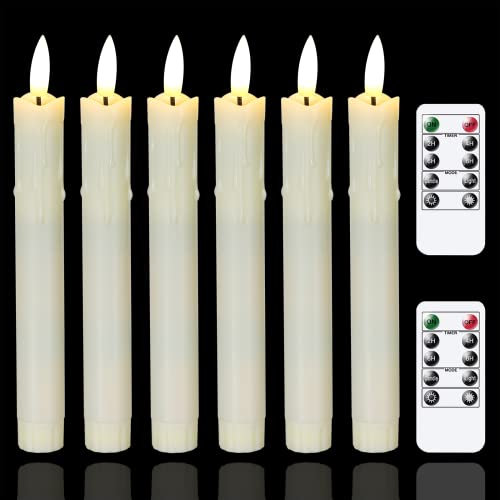 Mavandes Flameless Flickering Taper Candles Two Remote, 19cm Ivory Battery Operated LED Window Candles Timer,Set of 6 Plastic 3D-Wick Dripping-Wax Effect Flameless Candlesticks(D:2.2cm,Warm Fire)
