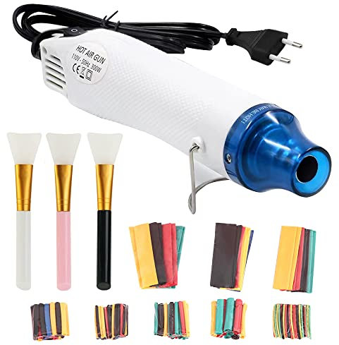 ZJRung Mini Heißluftpistole EU Handheld Heißluftfön mit Schrumpfschlauch Heissluftföhn Zubehör für DIY Acrylharz Handwerk Schrumpffolie Trocknen Farbe -300W 220V -Weiß