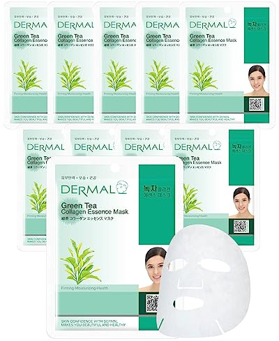 DERMAL Grüner Tee Kollagen Essenz Gesichtsmaske, 10 Stück – revitalisierend und erfrischend – für gerötete, empfindliche und akneanfällige Haut