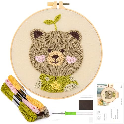 JSRQT Kit di Ricamo per Aghi da Punzonatura, Ricamo Starter Kit con Penna a Punzone Kit,Punch Needle Starter Kit,Strumento di Ricamo per Principianti Bambini Adulti (Orsetto)