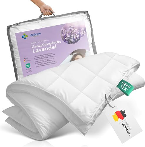 Medicate Ganzjahresdecke 135x200 cm mit Lavendelblüten - Wärmeregulierende Daunen Bettdecke 135x200 - Bett Decke aus Baumwolle Bezug - Made in Germany