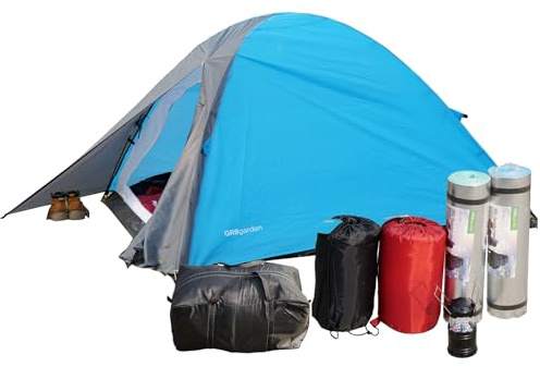 Gr8 Garden 2 Person Camping Starter Set 2 x sleeping bags 2 x Mats 1 x Tent 1 x Lantern