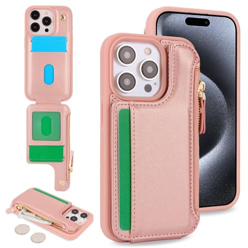 SailorTech för iPhone 15 Pro telefonfodral med kreditkortshållare för män, iPhone 15 Pro-fodral med kreditkortsfack, plånbok, blixtlåsfodral för kvinnor – roséguld