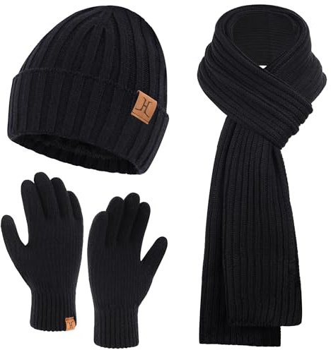 Ensemble Bonnet D'hiver pour Homme, Écharpe Longue, Gants Tactiles avec Bonnet Doublé Polaire Chaude, Cadeau pour Hommes