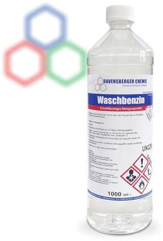 Waschbenzin Spezialreiniger – 1 L Flasche, hochwirksam für Fett, Öl, Teer, Kleber, Farbe, Tinte, Wachs, Kaugummi, für Kunststoffoberflächen, verdünnbar mit Wasser