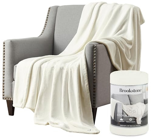 Brookstone Nap Plush Throw Blanket for Couch | Warm & Super Soft Blanket with Unmatched Heavy, Dense, and Ultra-Comfy Throw | Luxurious Drape, Cozying Up on a Sofa, Chair | Ivory