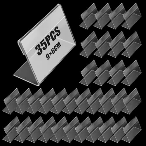 Keboyoe 35 Pcs Porte-Étiquette de Prix Transparent Supports d'Étiquettes de Prix en Acrylique Support d'affichage de Prix Étiquette Stand Nom Carte Porte Étiquette 9 x 6 cm pour Supermarché, Magasin