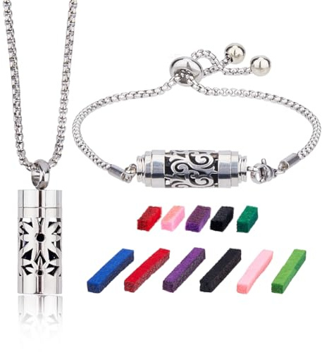 SUPERFINDINGS 2 stilar eterisk olja spridare halsband aromaterapi medaljong hänge armband set med 20 st filtdynor utbytbara parfymkuddar rostfritt stål diffusor hänge