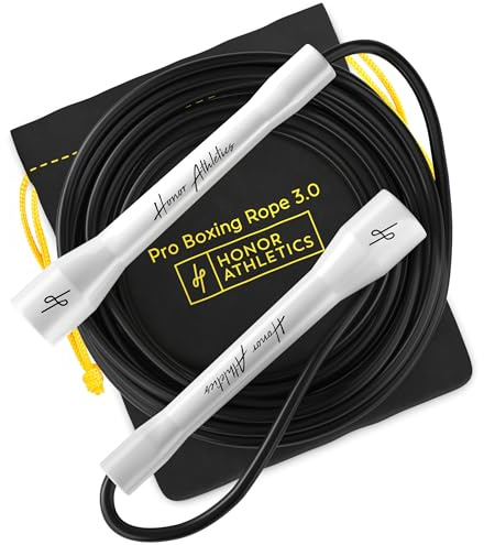 Honor Athletics Pro Boxing Rope 3.0 – Springseil 5,3 mm TPU-PVC, verstellbar 3,05 m, Indoor/Outdoor, Boxen & MMA, verwicklungsfrei, rutschfeste, bruchfeste Griffe (Weiße Griffe/Schwarzes Seil)