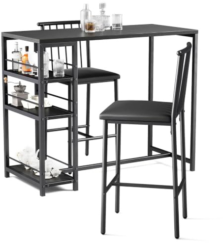 Xbro Tavolo da Bar con 2 Sedie Imbottite, Set 3 Pezzi Tavolo da Pranzo con 3 Ripiani e Porta Bottiglie, Tavolo Salvaspazio per Cucina, Soggiorno e Sala da Pranzo, Nero