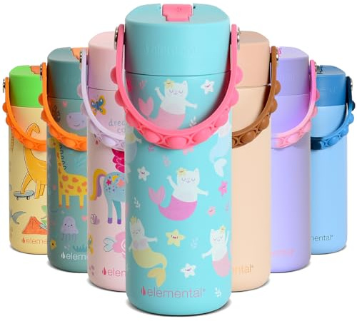 Elemental Insulated Kids Water Bottle, Stainless Steel Water Bottle with Straw Lid & Pop-It Handle, Leak-Proof Water Bottles for School, Boys or Girls, Travelling and Sports, 530ml - Meowmaid