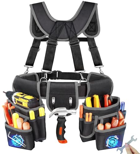 Tool Belt With Suspenders, Heavy Duty Magnetic Tool Bag Belts for Men with 18 Pockets, Tool Pouch Belt with Adjustable 32-66 Waist for Electricians, Carpenters, Framers, Construction