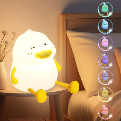 Duck Night Lights for Kids, Touch Cute Lamp, Childrens Silicone Portable LED Night Light with 30 Min Timer & 7 Colors, USB Rechargeable Table Lamp, Christmas Birthday Gift for Children