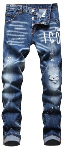 Generico Y2K Jeans Uomo Strappati con Ricamo Pentagramma, Pantaloni in Denim Stretch Slim Fit, Streetwear Stile Y2k Pants Casual Versatile