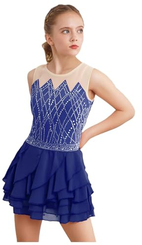 Freebily Abito da Pattinaggio Artistico Bambina Vestito da Balletto Danza Classica Ballerina con Strass Body Ginnastica Ritmica Costume da Ballo Lirico Contemporaneo Blu Scuro 9-10 Anni