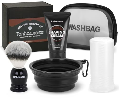 Kit di pennelli da barba da uomo, 5 in 1, set di pennelli da barba con setole in nylon, custodia da viaggio, crema da barba, ciotola pieghevole e borsa da bagno per viaggi, vacanze