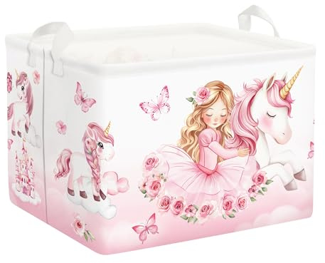 Clastyle Ceste Biancheria Bambini Unicorno Rosa Cestino Giocattoli Vestiti Impermeabile per Ragazza Cestino Portaoggetti per Bagno Cameretta Bucato, Principessa, 40x30x30 cm