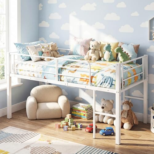 COSTWAY Letto a Soppalco Singolo 190 x 90 cm, Struttura Letto in Metallo con Sponde di Sicurezza, 2 Scale, Spazio Sotto il Letto e Supporto Solido (Bianco)