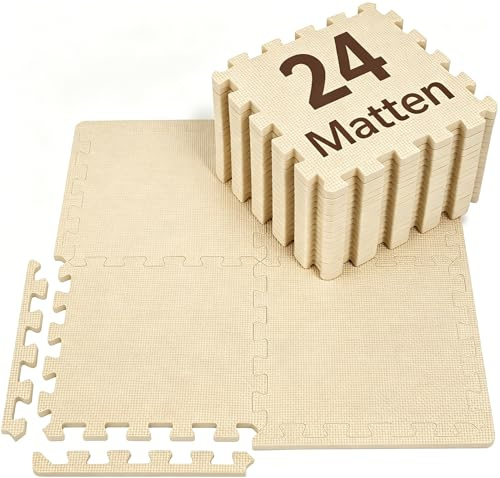 Golvskyddsmatta, fitnessset [31 x 31 cm] – 24 st – Eva sportmatta, fitnessmatta, halkfri, golvmatta för gym och gym, fallskyddsmattor utomhus och pool underlag (cremevit)